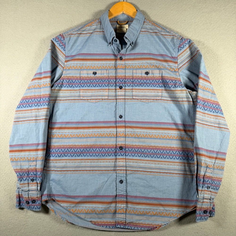 Koto Mens Large Blue Southwestern Stripe Cotton Button Down Shirt Long Sleeve